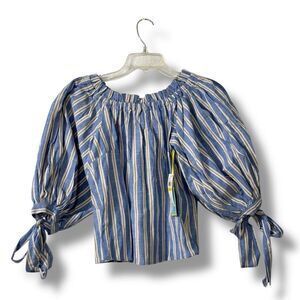 CeCe Off the Shoulder Linen Top Balloon Sleeves Rustic Western Farmhouse Size M